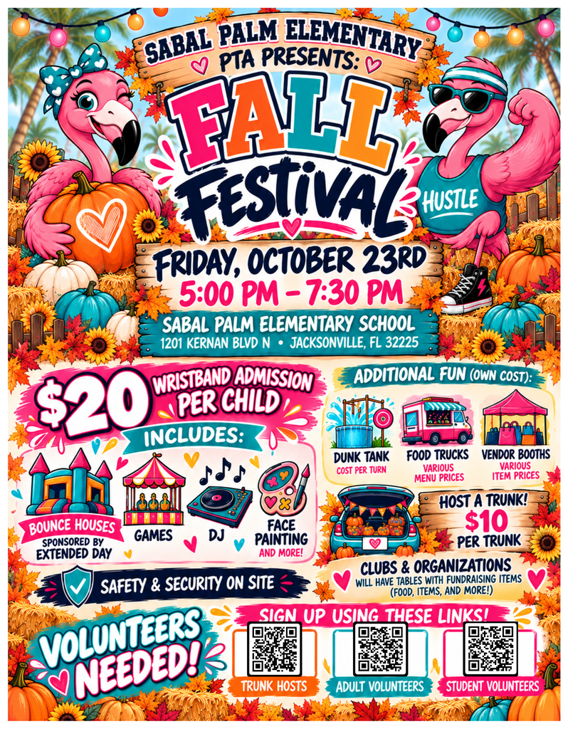 Fall Festival flyer with a pink flamingo, pumpkins, sunflowers, and a DJ. Admission is $20.