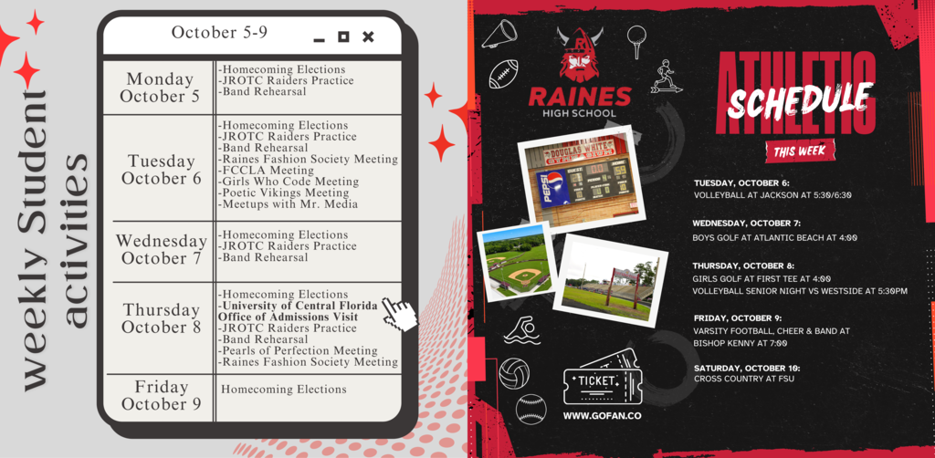 Calendar of events and schedule displayed on a phone screen. A red and black background with white text.