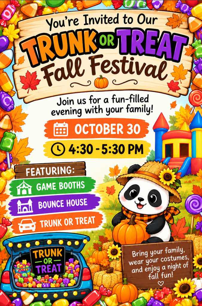 Flyer invites families to a fall festival. Panda holds a pumpkin. Text reads, "You're Invited to Our Trunk or Treat Fall Festival".