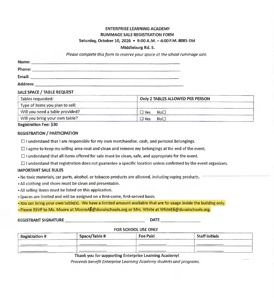 Registration form (please turn in to Ms. Moore or Ms. White)
