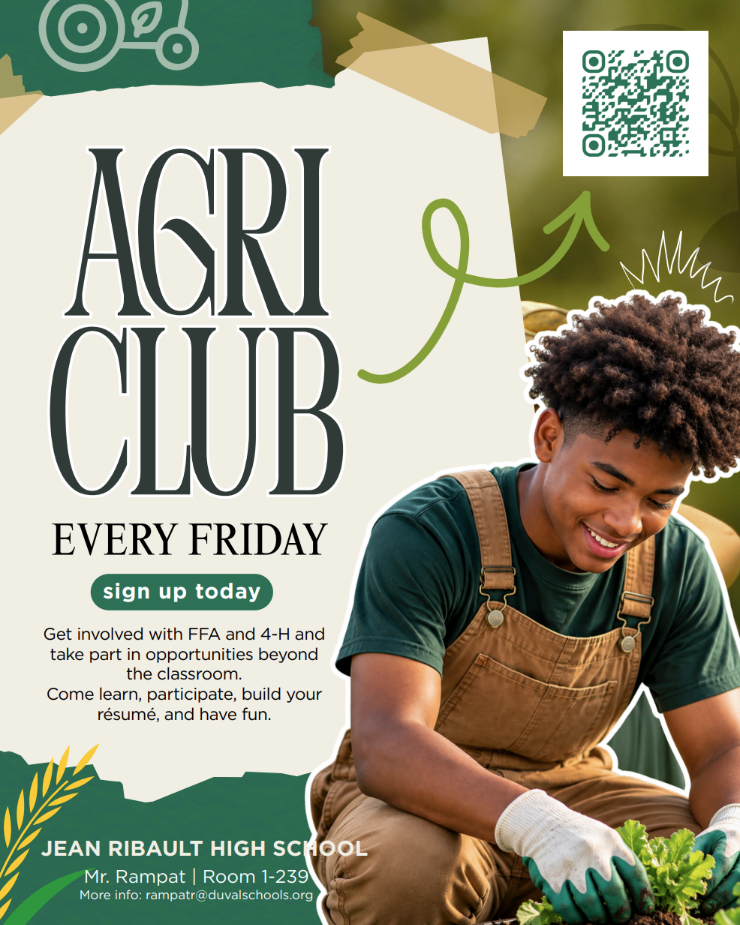 A flyer shows a person in green overalls planting crops. It reads "AGRI CLUB EVERY FRIDAY sign up today" and a QR code is shown.