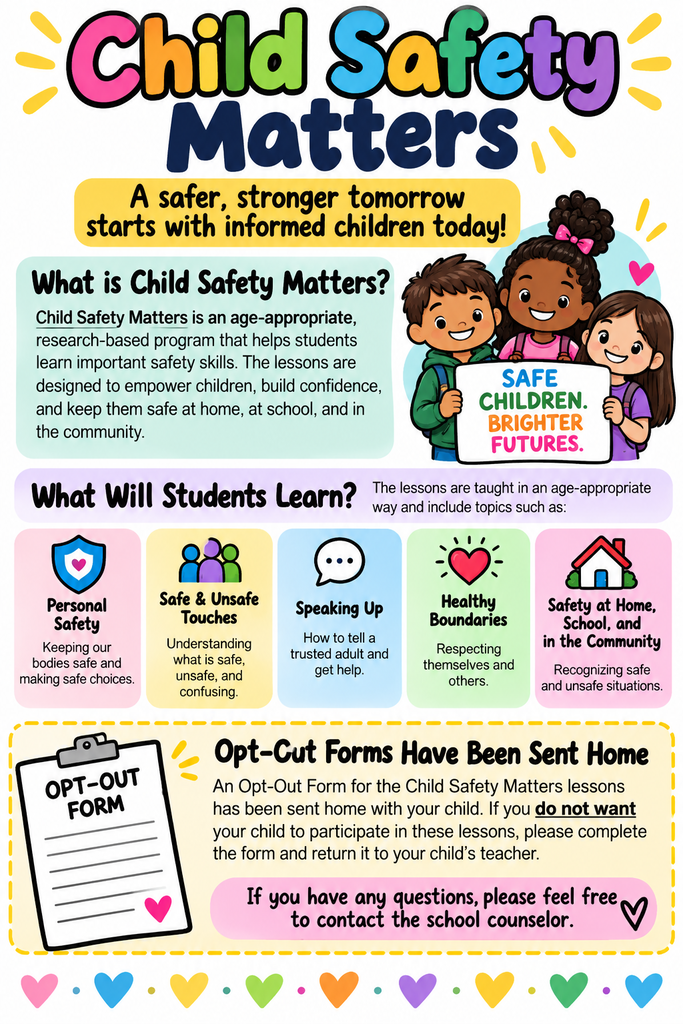 Child Safety Matters poster. It includes an opt-out form, a description of the lessons, and a list of safety skills children will learn.