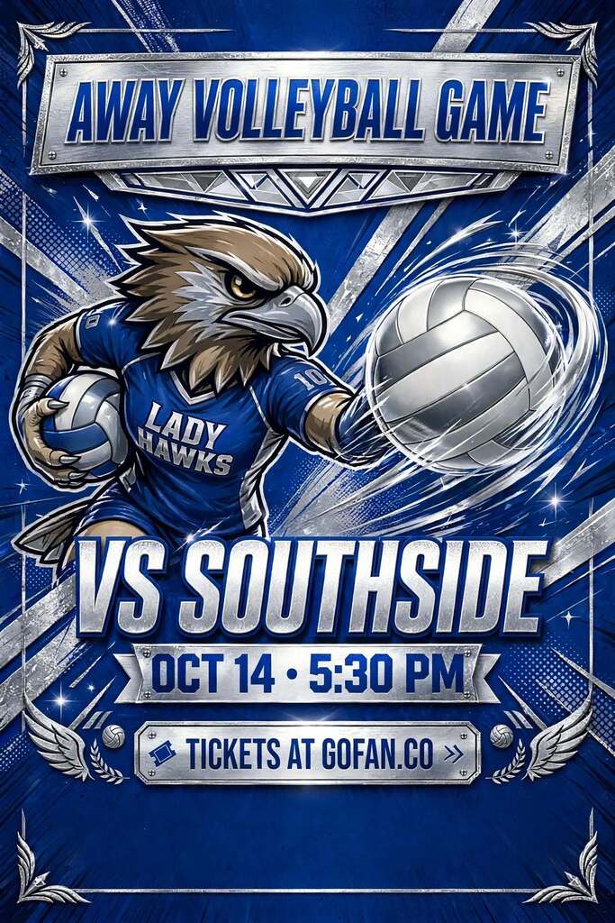 Poster for a volleyball game featuring an eagle mascot holding a ball and volleyball, with event details and ticket info.