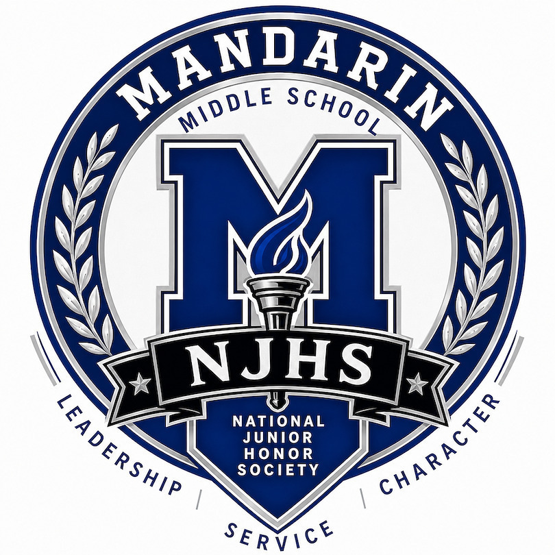 Blue logo with "Mandarin Middle School" at top, "NJHS" below a torch flame, and "National Junior Honor Society" below.