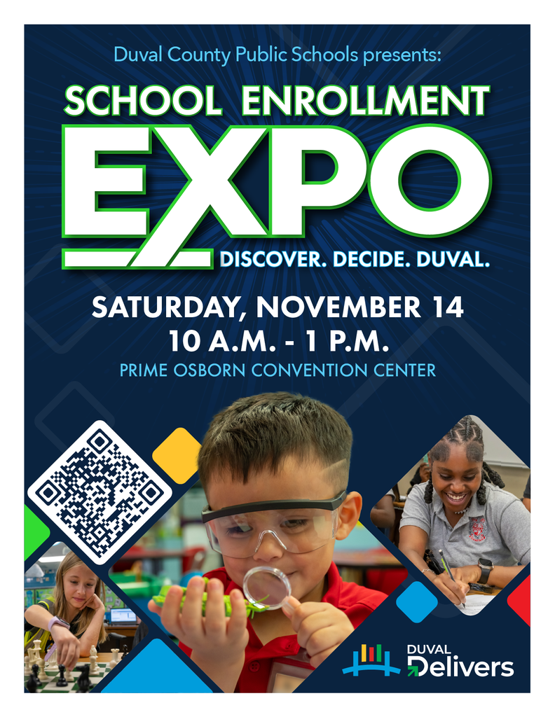 An event flyer with "School Enrollment Expo" text, date, time, and venue. Images of children, a boy with glasses, and a girl with a chessboard.