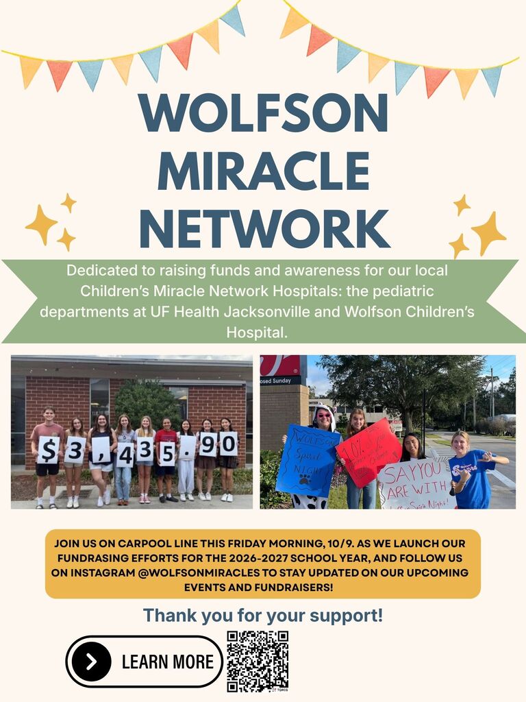 Flyer with Wolfson Miracle Network. Two images: one of people holding signs, another of a building. Text includes "Learn more" and a QR code.