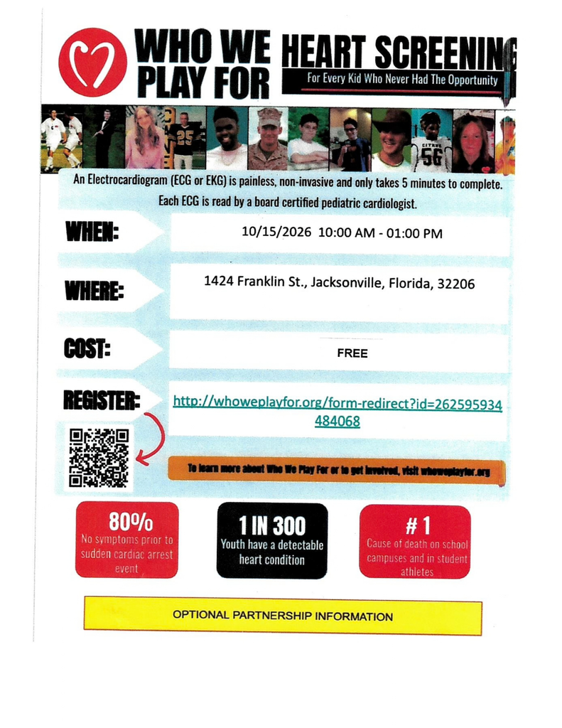 Flyer for heart screening event on October 15, 2026, from 10 AM to 1 PM. Location: 1424 Franklin St, Jacksonville, Florida. Free event. Registration link provided.