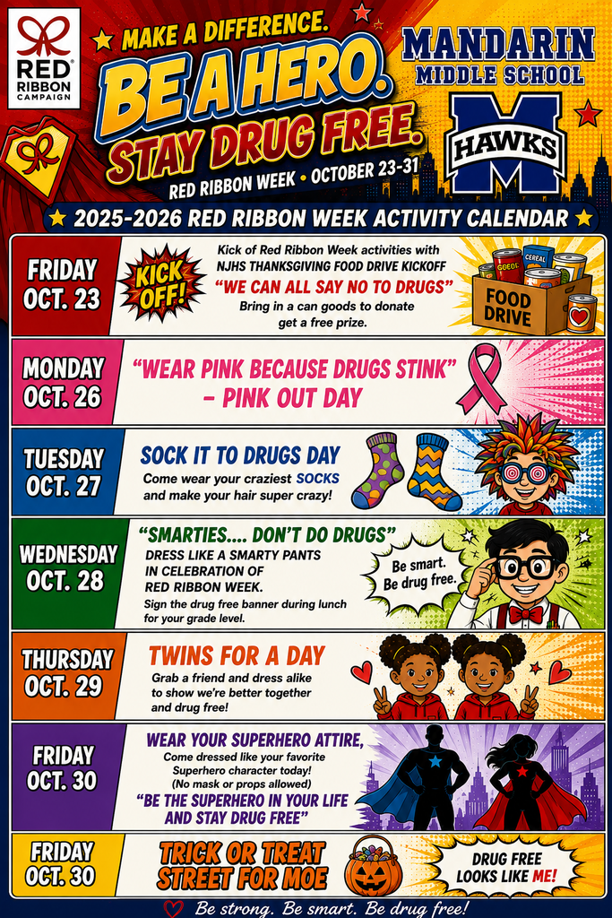 Calendar with activities for Red Ribbon Week. Dates from Oct. 23 to Oct. 30. Activities include Kick Off, Wear Pink, and Smarties.