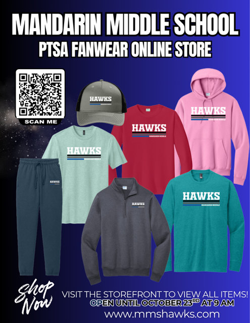 An advertisement displays multiple clothing items for Mandarin Middle School's PTSA fanwear, including hoodies, pants, and hats, with a QR code for scanning.