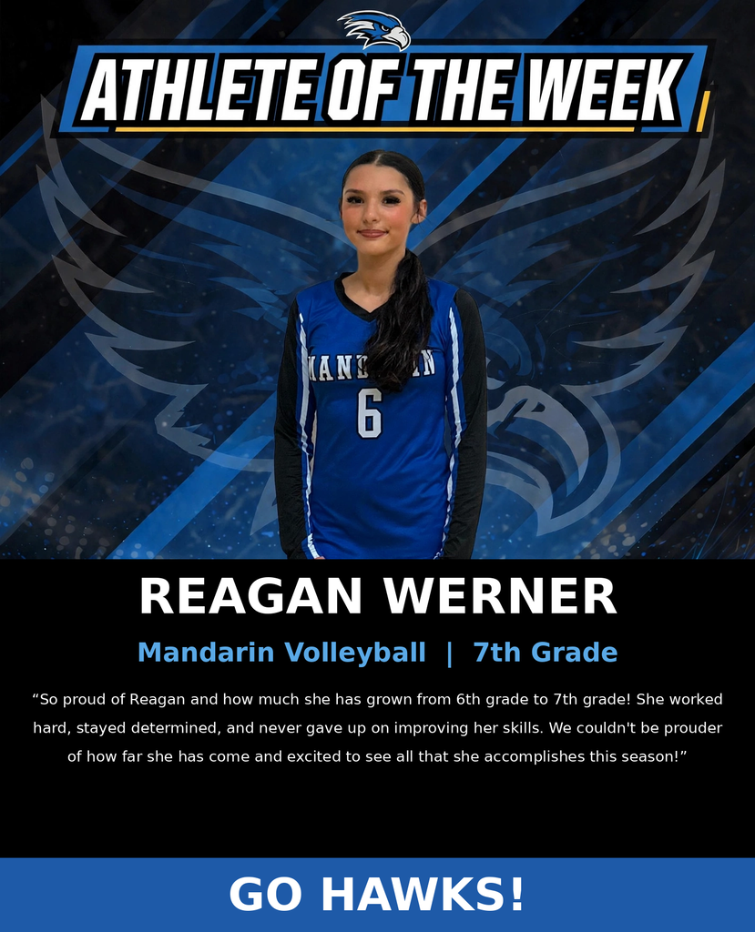 Blue background with a wing design. A girl with a volleyball jersey says "Athlete of the Week" and "Reagan Werner".