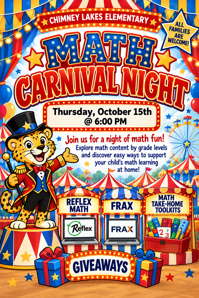 An event poster for Math Carnival Night with a leopard mascot, a carnival setting, and math-themed games.