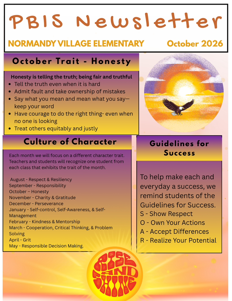 Newsletter from Normandy Village Elementary. It features an eagle silhouette against a sunset backdrop. October's trait is honesty.