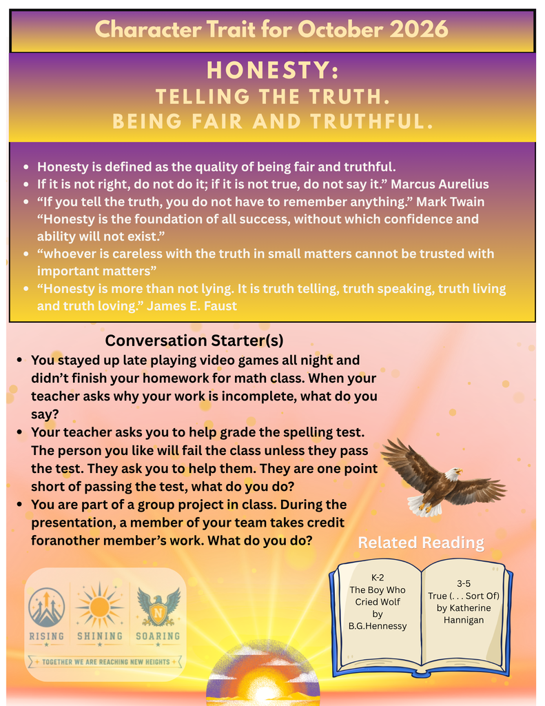 An educational poster features a headline "Honesty: Telling the Truth." Text explains honesty, quotes, and scenarios. An eagle flies over an open book.