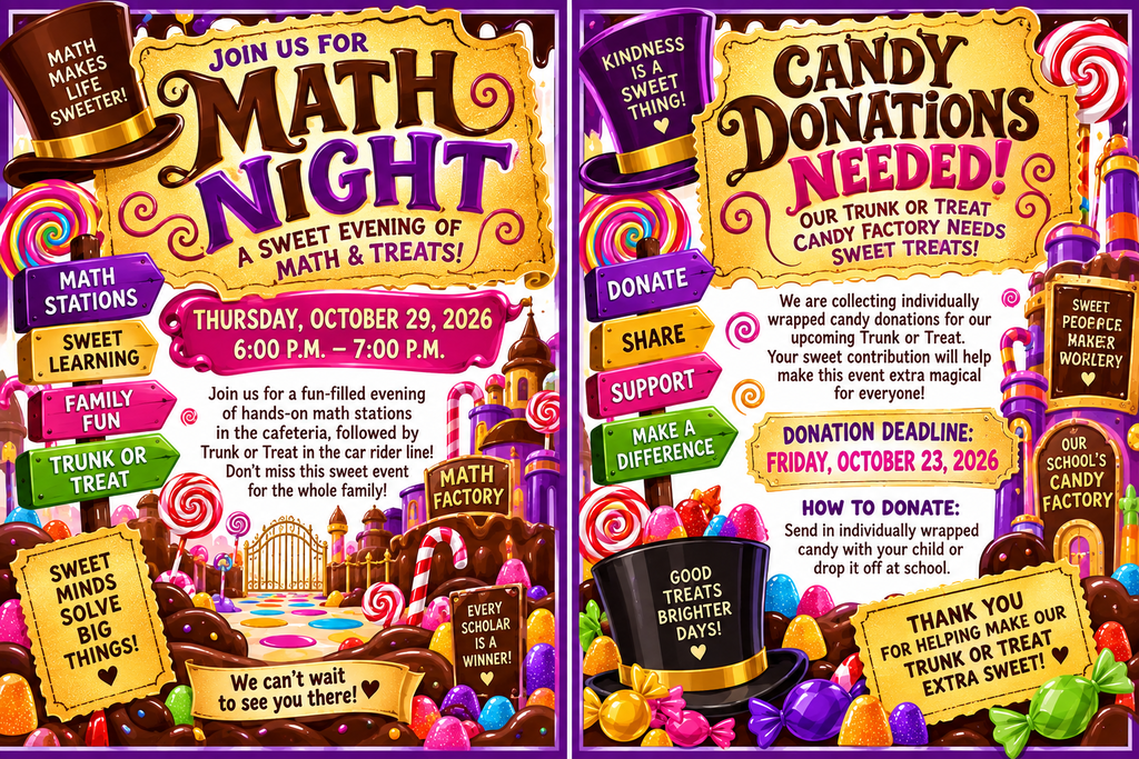 Event flyer with purple and gold background. Text reads "Join Us for Math Night" and "Candy Donations Needed". Colorful sweets, hats, and candy wrappers are displayed.