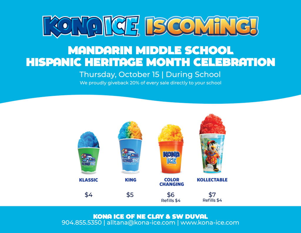 Banner displays four types of ice cream cups: Klassic, King, Color Changing, and Collectible. Prices are listed, and an event for Hispanic Heritage Month is mentioned.