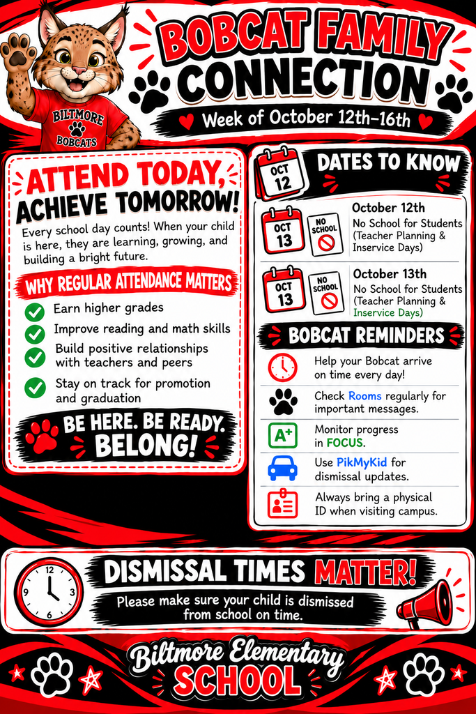 The Biltmore Elementary School “Bobcat Family Connection” newsletter for October 12–16, 2026, features a friendly bobcat mascot and bold red, black, and white designs. It highlights the importance of daily attendance, lists October 12 and 13 as no-school days for students due to Teacher Planning and Inservice Days, shares Bobcat reminders about arrival, school messages, academic progress, dismissal updates, and visitor identification, and emphasizes the importance of timely dismissal.
