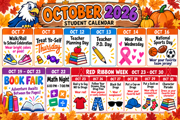 Calendar for October 2026, showing dates, holidays, and suggested activities like walk-roll day, wear pink, and a book fair.