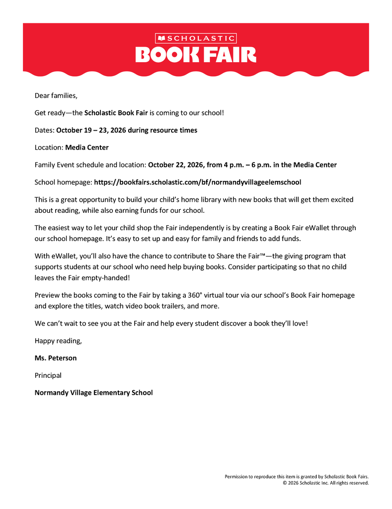 An invitation for families to attend a Scholastic Book Fair at Normandy Village Elementary School from October 19-21, 2021.