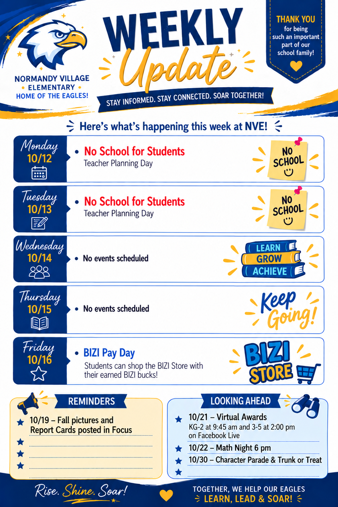 A poster with blue and white colors. It has a title "Weekly Update" and a date range of October 10 to October 16. The poster includes weekly schedules and reminders.