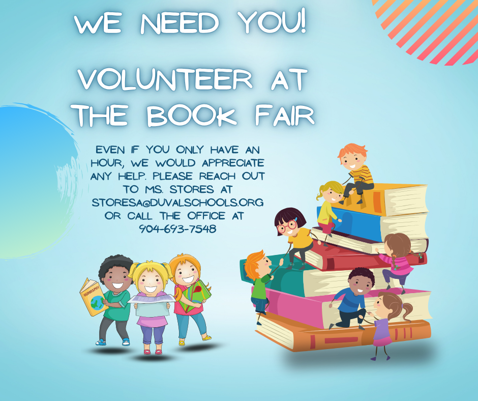 Poster for book fair volunteers. Children are seen standing around a stack of books. Contact details are given for more information.