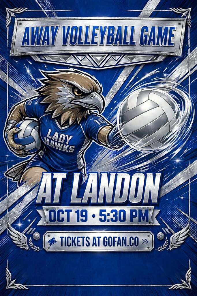 An ad for an away volleyball game at Landon on October 19 at 5:30 PM. It features an eagle in a blue uniform.