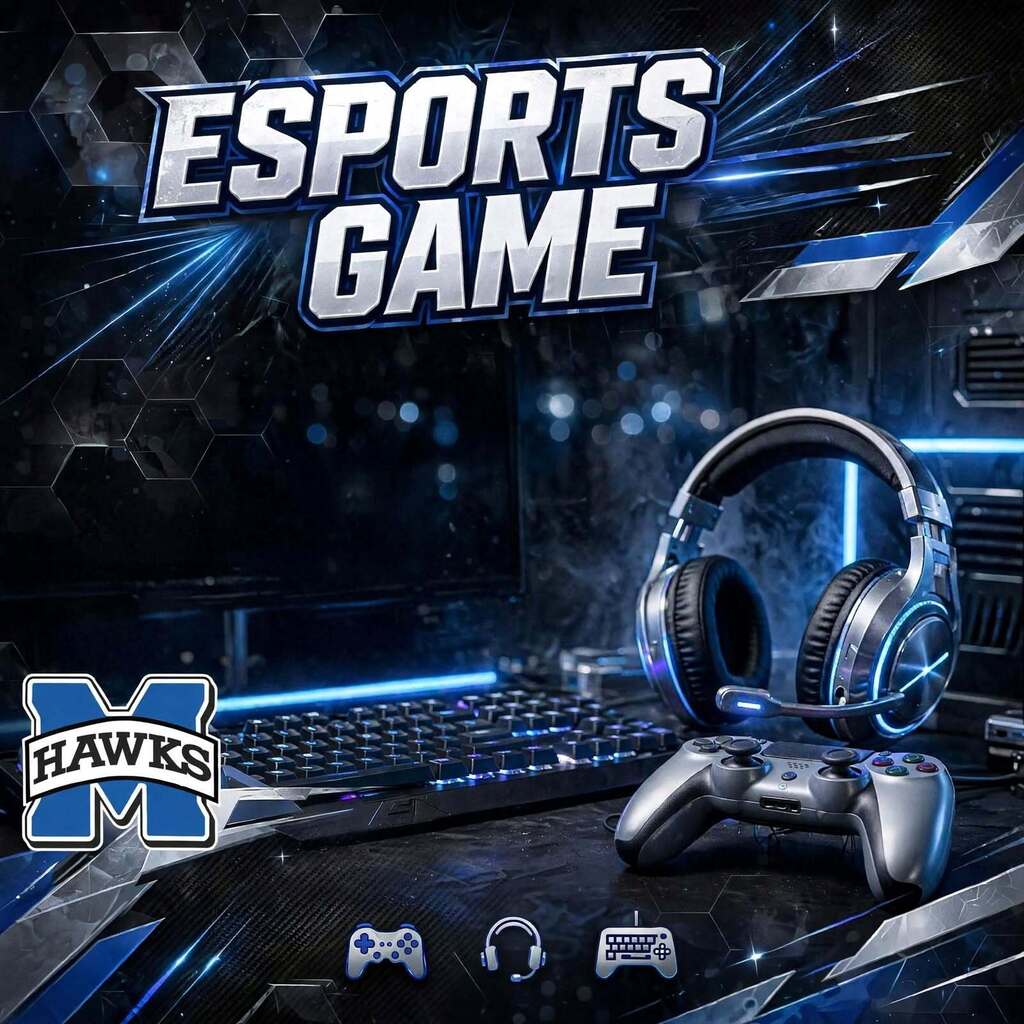 Esports flyer with mandarin middle school logo, a sent of headphones and gaming controller.