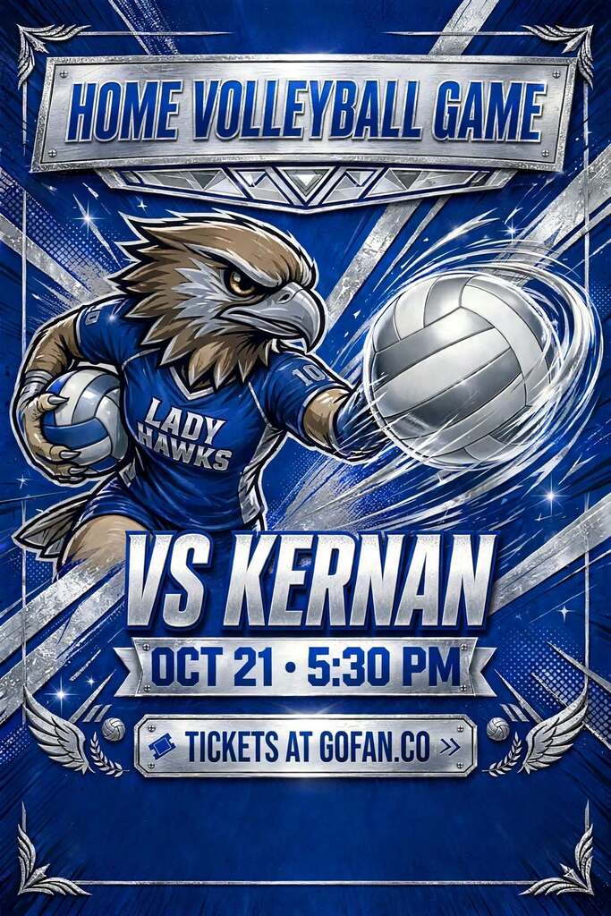 poster for volleyball home game verse kernan 10/21 at 530 pm. tickets can be purchased on gofan.co