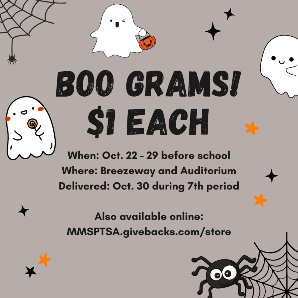 boo grams are $1 each and can be purchased before school in the breezeway or auditorium will be delivered to 7th period on 10/30 you can also purchase them online