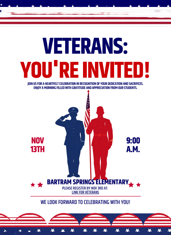 A poster invites veterans to a celebration. It features two figures in military uniforms, one saluting and one holding a flag. The date and time are Nov. 13th at 9:00 A.M.