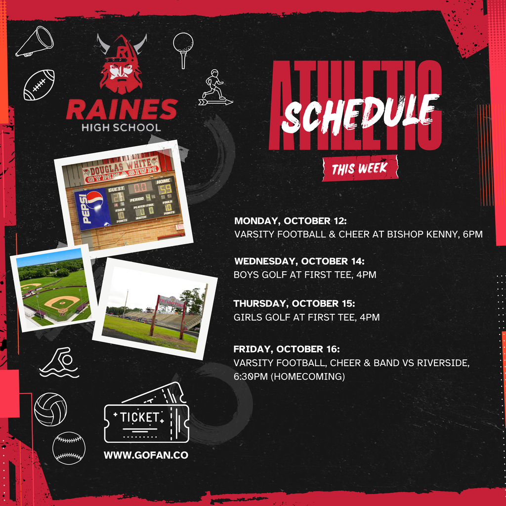 A black and red page lists Raines High School's athletic schedule. It includes a baseball field, a scoreboard, and sports icons.