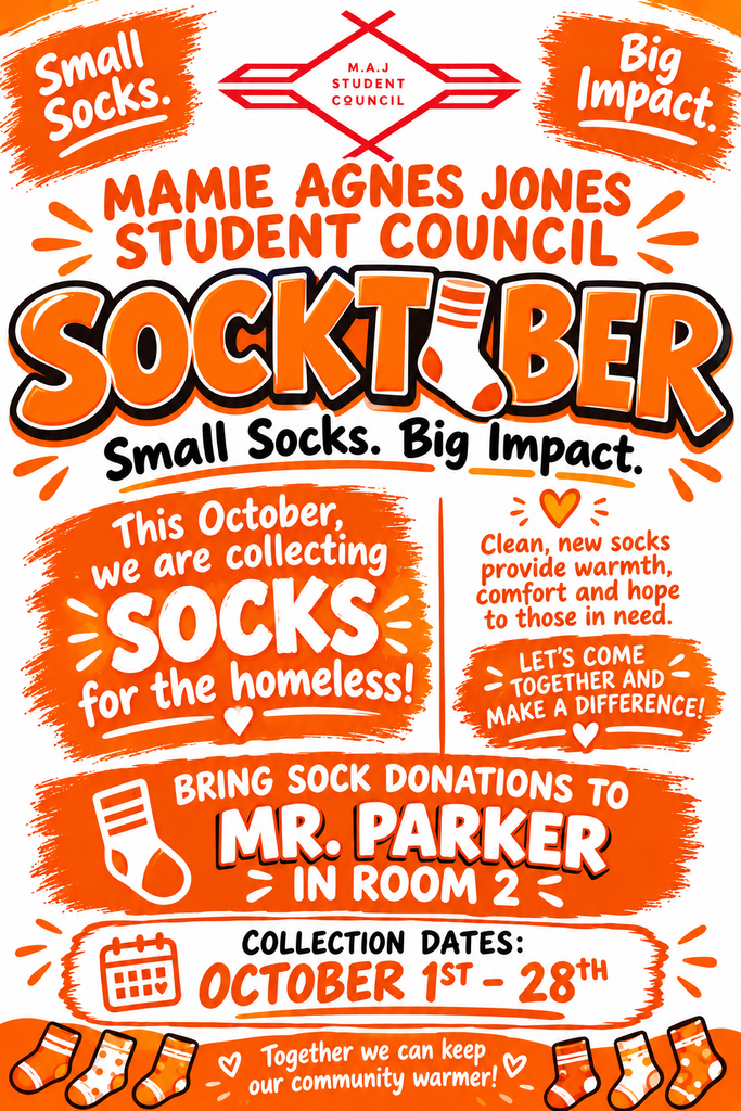 An orange and white poster with text and sock images. It reads, "Socktber. Small Socks. Big Impact." It invites donations for homeless people.