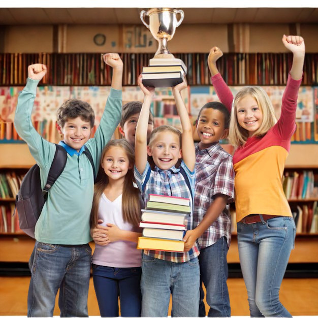 Seven children celebrate with a trophy and books in a classroom. Background features bookshelves.
