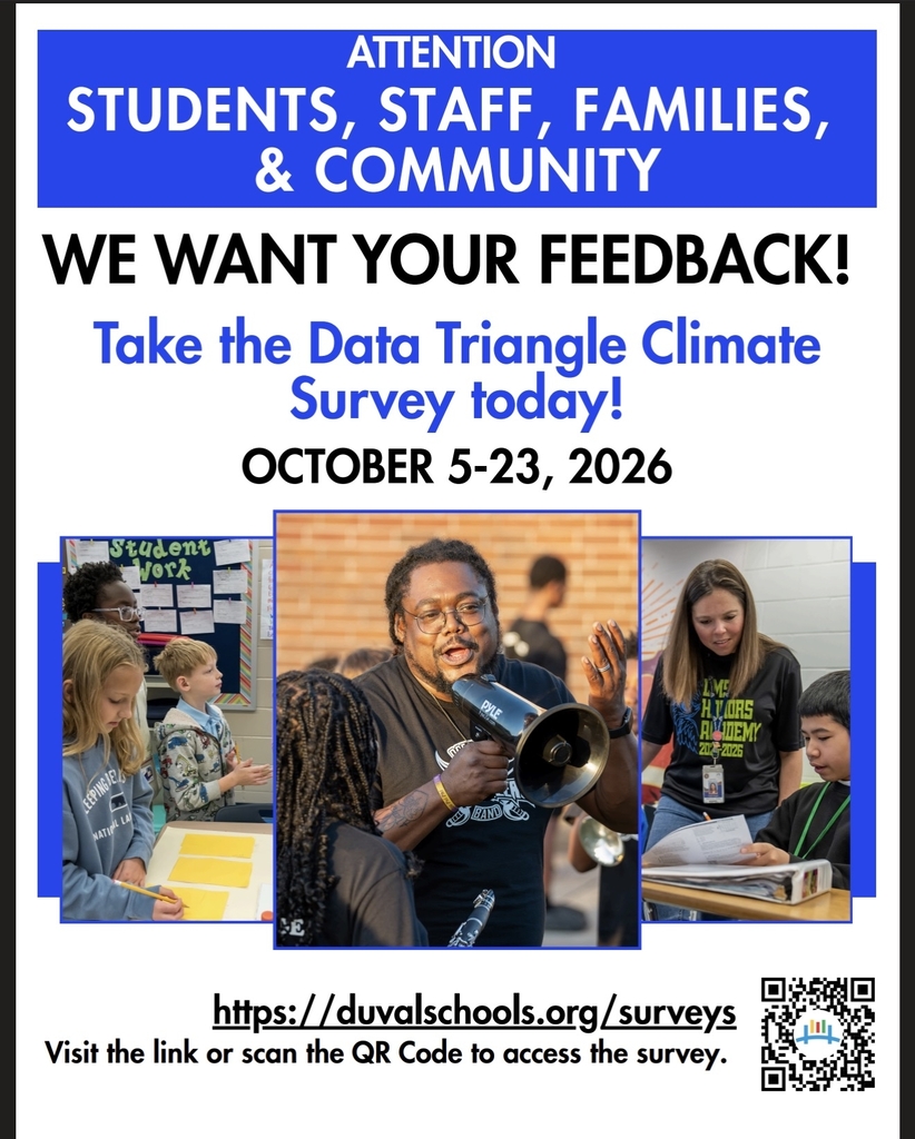 A poster with blue and white background contains text, a QR code, and a collage of people.