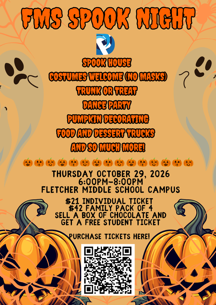 Event poster for FMS Spook Night. Activities include a pumpkin decorating contest, food, and a dance party. QR code at bottom. Date: October 29, 2026.