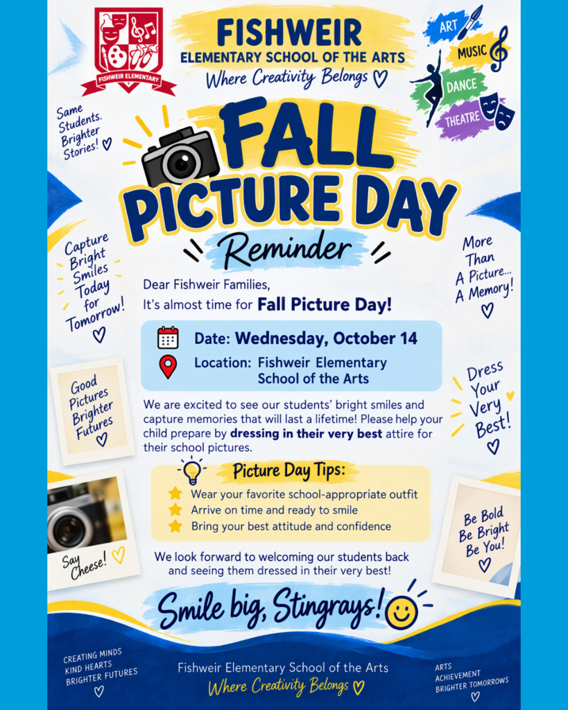 An event flyer titled "FISHWEIR FALL PICTURE DAY" lists the date, location, and details for fall picture day.