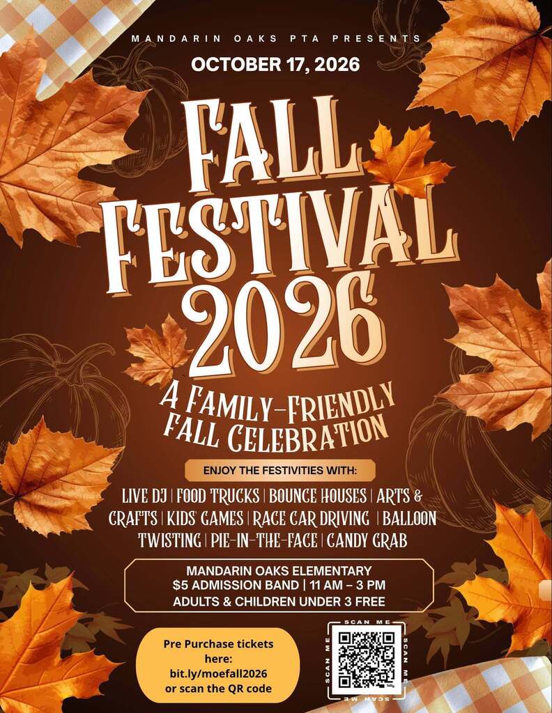Autumn leaves adorn a brown background. The event "FALL FESTIVAL 2026" is written in white with a pumpkin in the center. Activities include live food trucks, crafts, and games.
