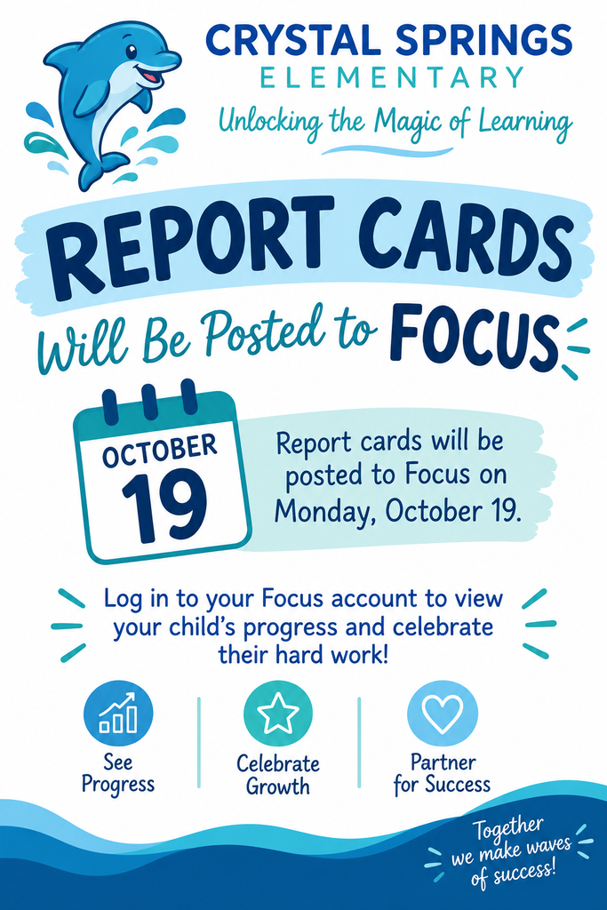 An announcement that report cards will be posted to Focus on October 19. Includes icons for See Progress, Celebrate Growth, and Partner for Success.