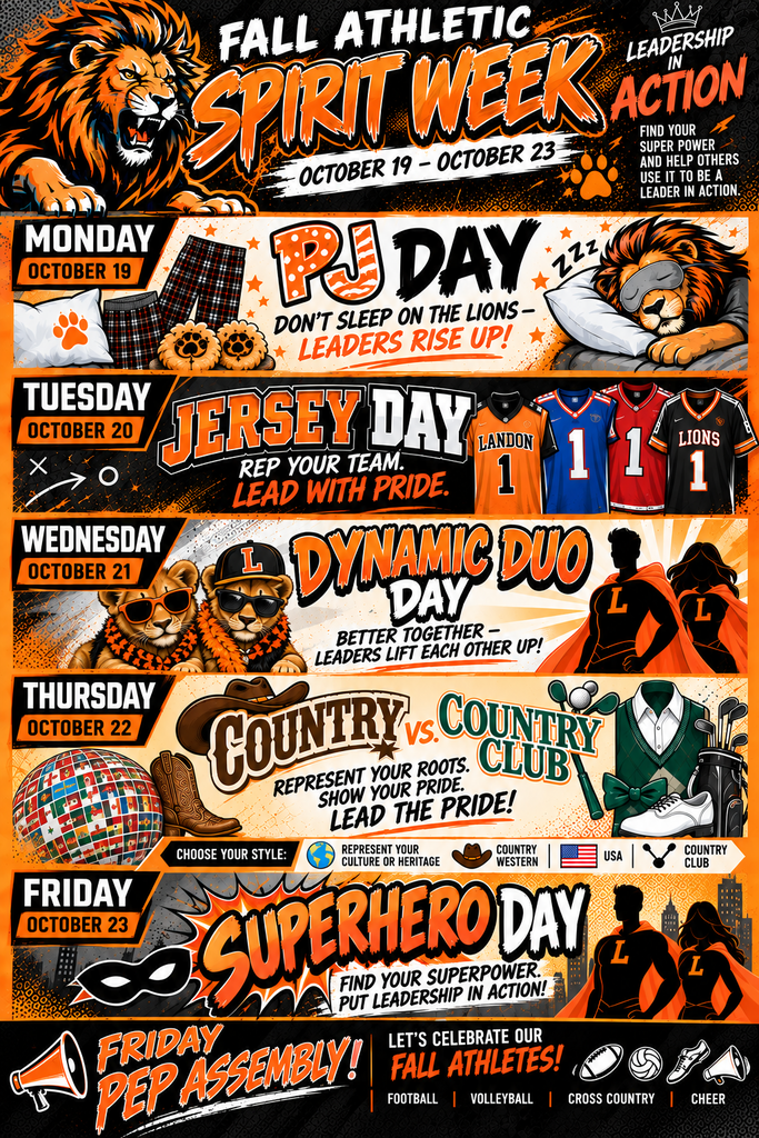 A poster features a schedule for "Fall Athletic Spirit Week". Five days with activities: PJ Day, Jersey Day, Dynamic Duo Day, Country vs. Club, Superhero Day.