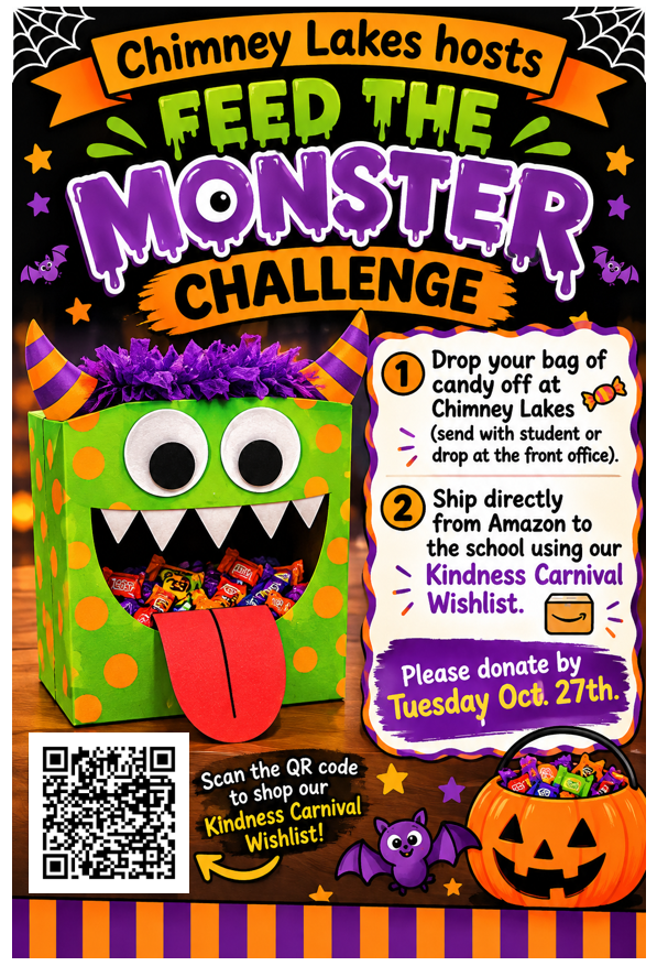 Poster with a monster box, candy inside, and instructions for donating candy. A QR code is on the left.