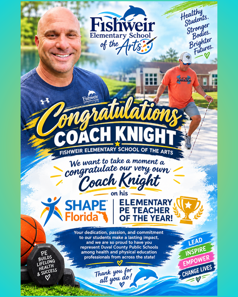 A flyer shows Coach Knight, smiling, with a basketball. Below, a man skateboards. Text reads "Congratulations, Coach Knight, Elementary PE Teacher of the Year."