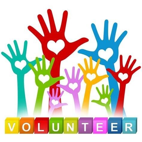 Colorful hands with hearts, forming the word "VOLUNTEER" on a white background.