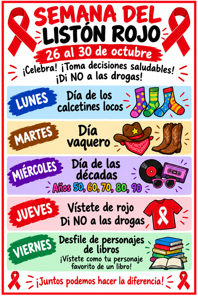A weekly event poster titled "Semana del Liston Rojo" from Oct 26 to 30. It includes days like "Dia de los calcetines locos" and "Dia vaquero".