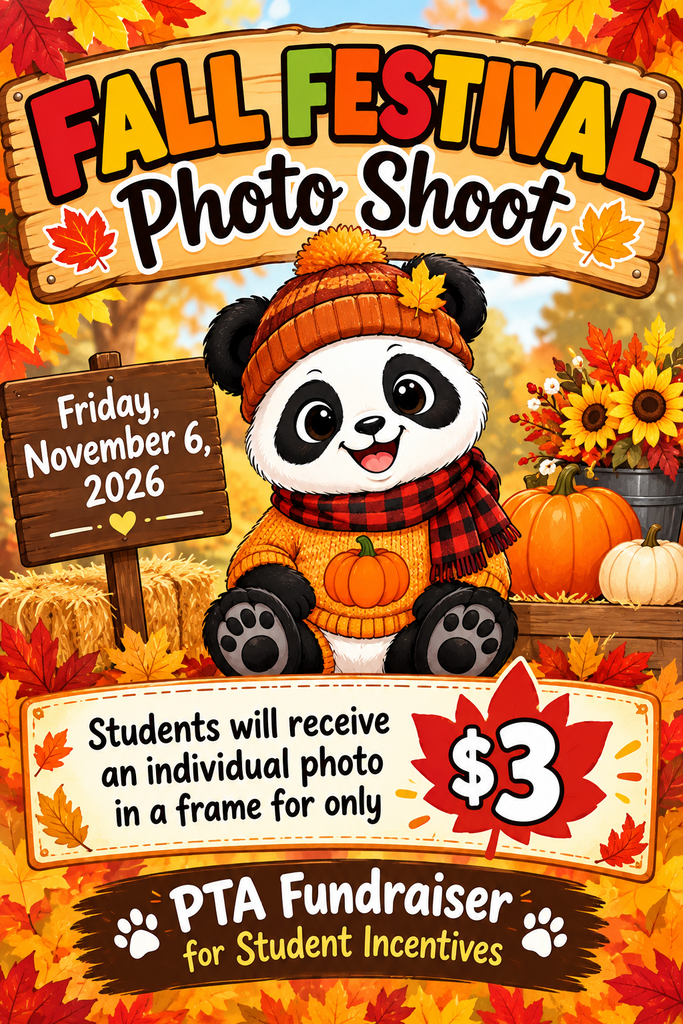 Event poster shows a panda with a beanie and scarf in a pumpkin patch. It reads "Fall Festival Photo Shoot" and "Friday, November 6, 2026."