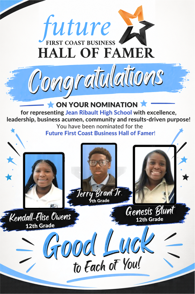 Blue and white design with three student photos. Text reads "Congratulations on your nomination." Names include Jerry Brant Jr, Kendall-Elyse Owens, and Genesis Blunt.