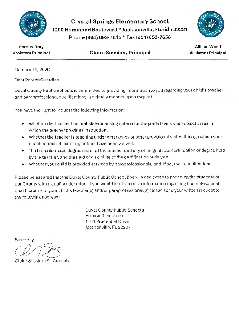 Title I Parents Right to Know letter