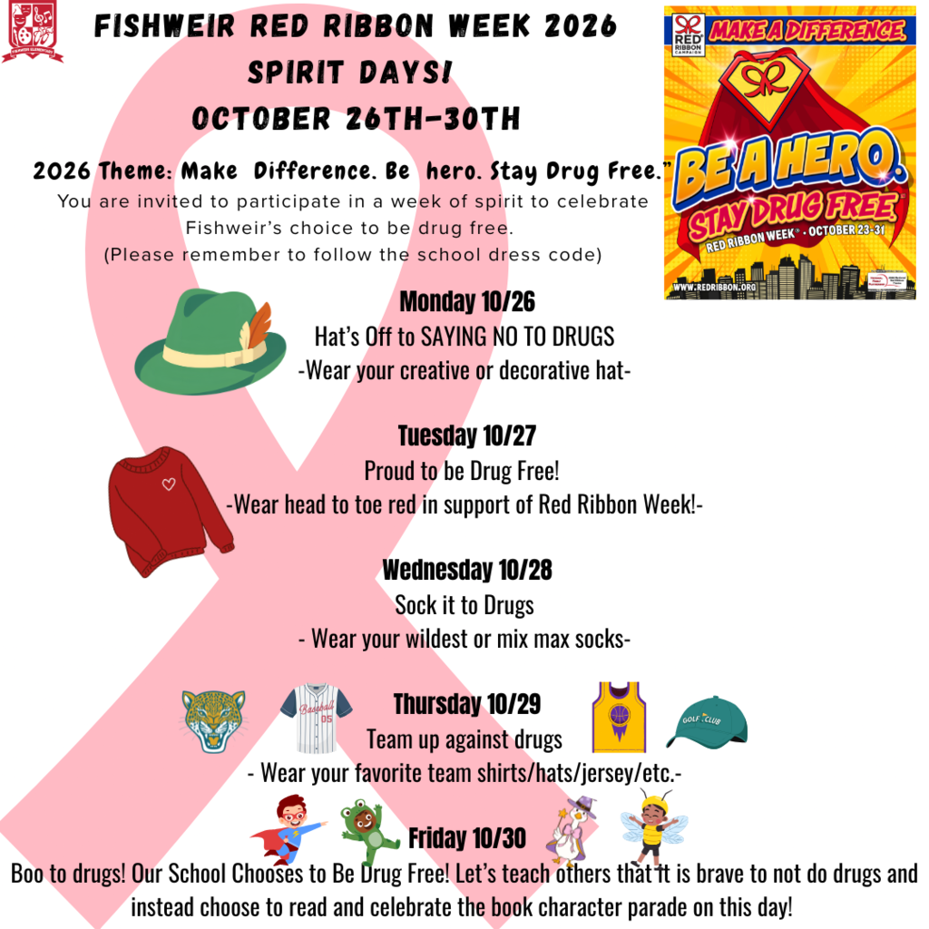 Red ribbon week schedule for a school. Five days of themed dress code. Green hat, red sweatshirt, red socks, team jerseys.