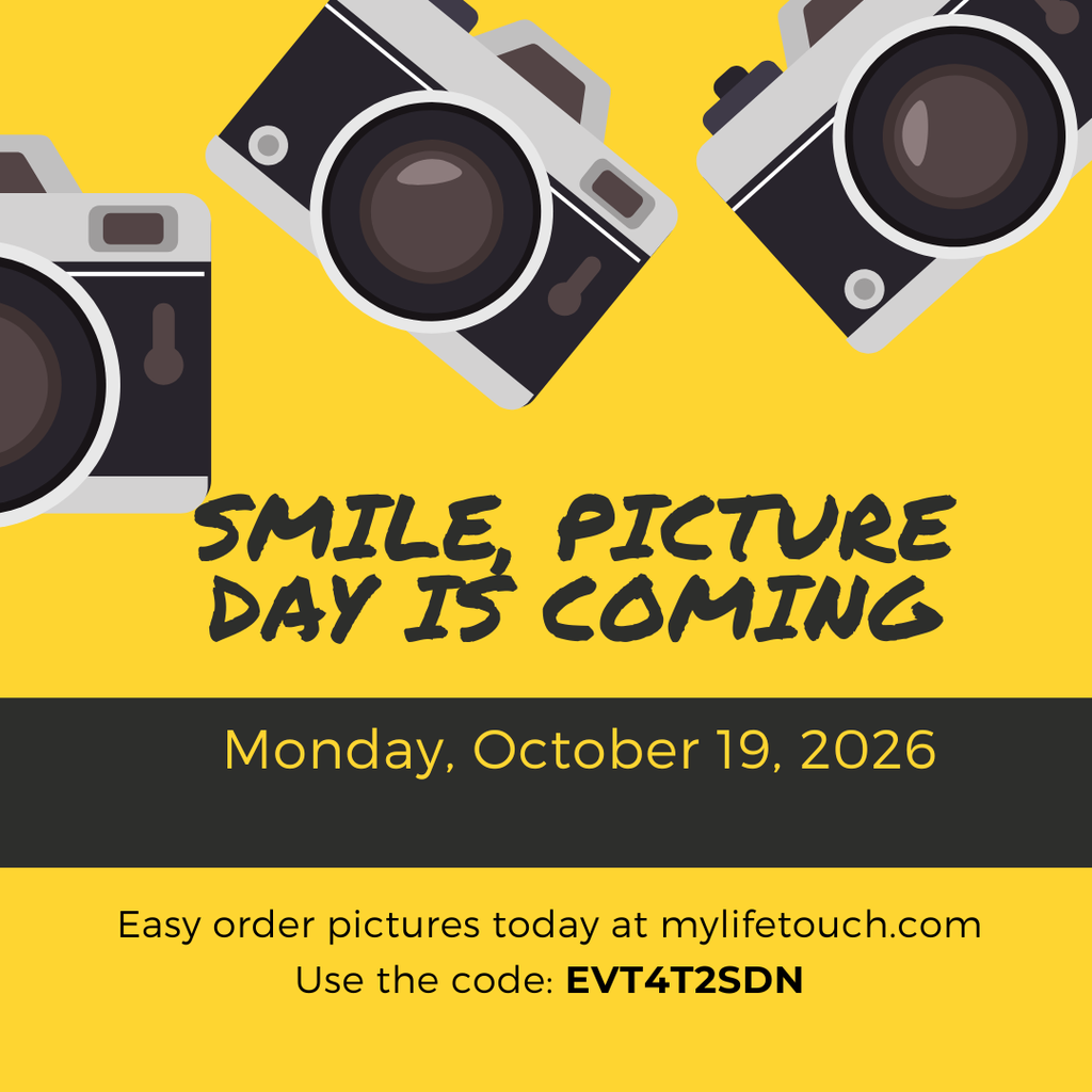 Three vintage cameras in black and white are shown on a yellow background. Text reads "Smile, picture day is coming."