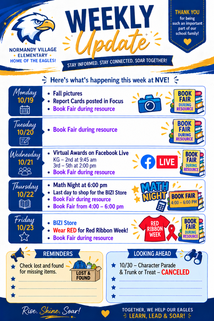 An informational poster for students and families with icons of books, cameras, Facebook, math, and ribbons.