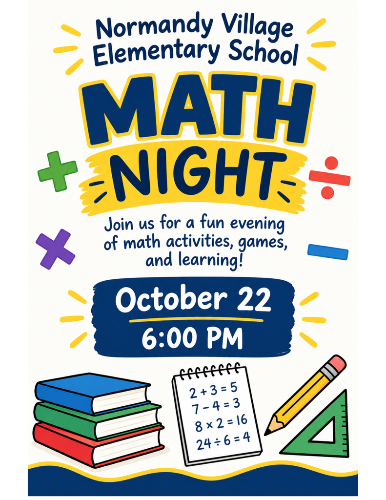 Math Night invitation with a date of October 22 and time of 6:00 PM. Includes books, pencil, triangle, and math problems.