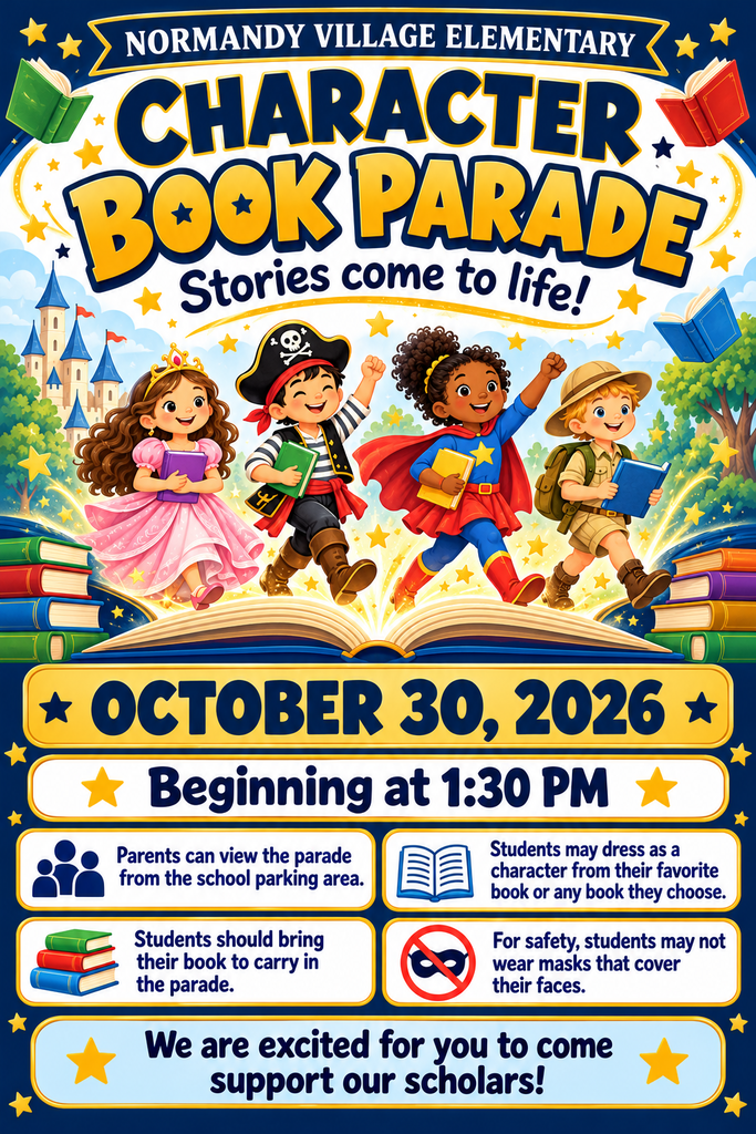 Poster advertising Normandy Village Elementary's Character Book Parade on October 30, 2026. Kids dressed in costumes.
